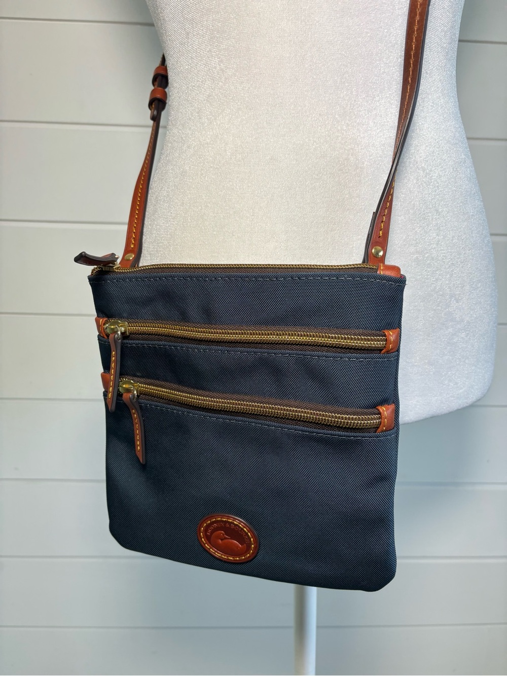 Dooney & Bourke‎ Triple Zip Navy Crossbody with Brown Leather Trim